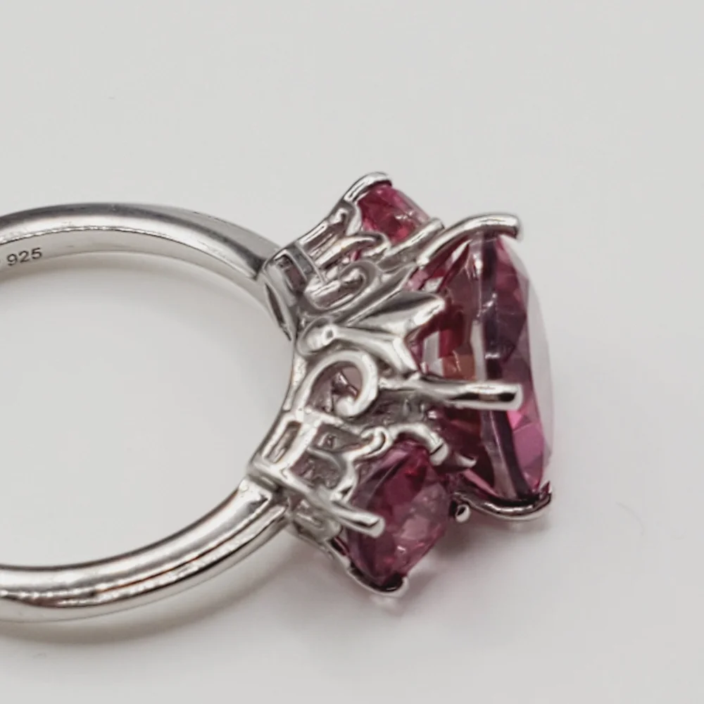 Pink Quartz Three Stone Cushion Cut Ring | 925 Sterling Silver